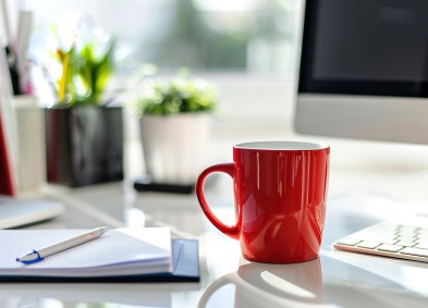 red coffee cup at an office desk