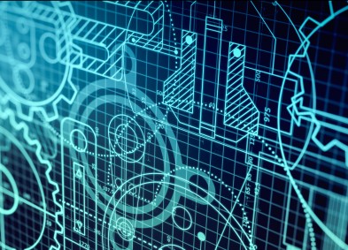 blue graphic on dark background of engineering designs